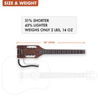 The Traveler Guitar® Ultra-Light Acoustic is 31% shorter and 43% lighter than a standard acoustic guitar.