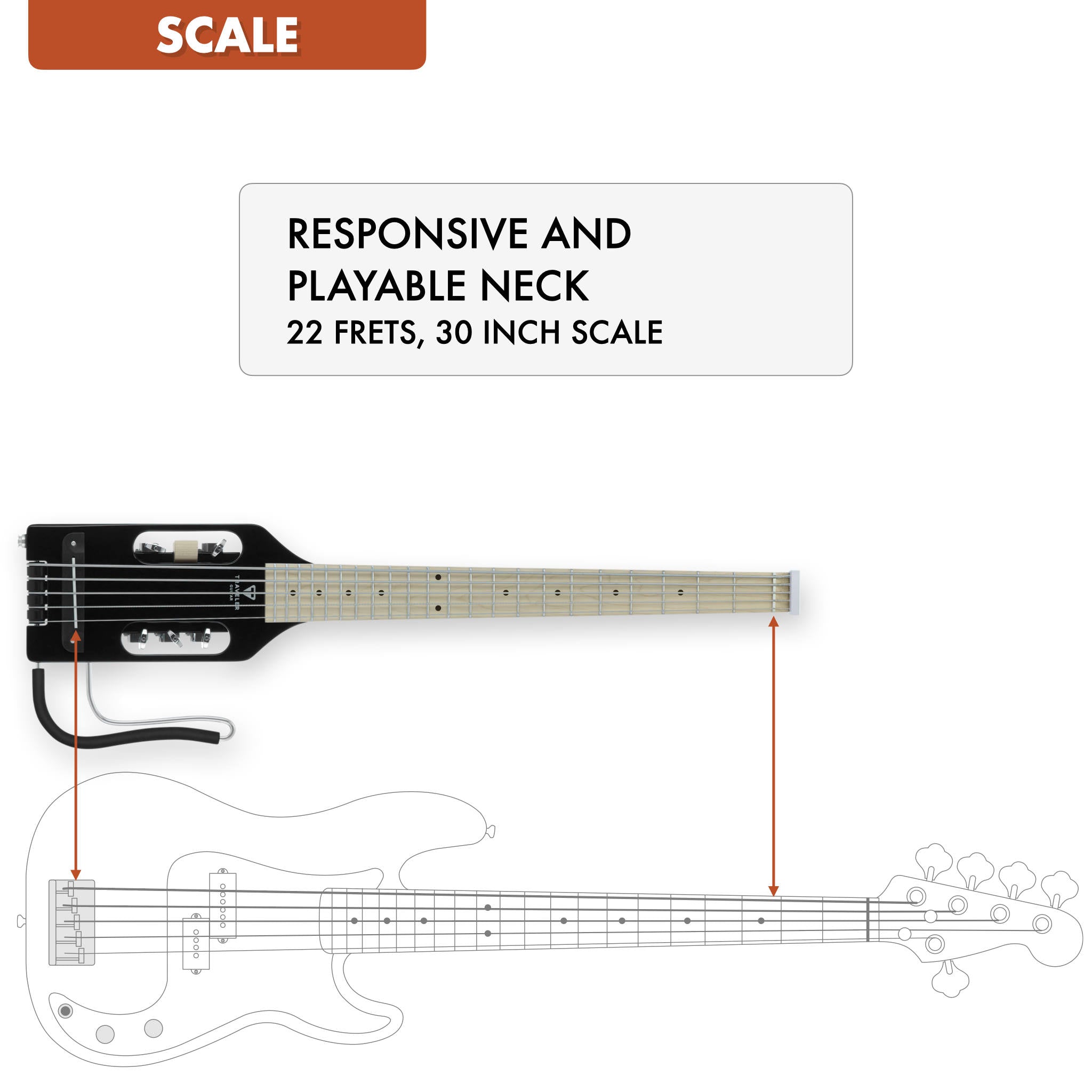 The Traveler Guitar® Ultra-Light 5-String Bass guitar features a 30" scale length neck.