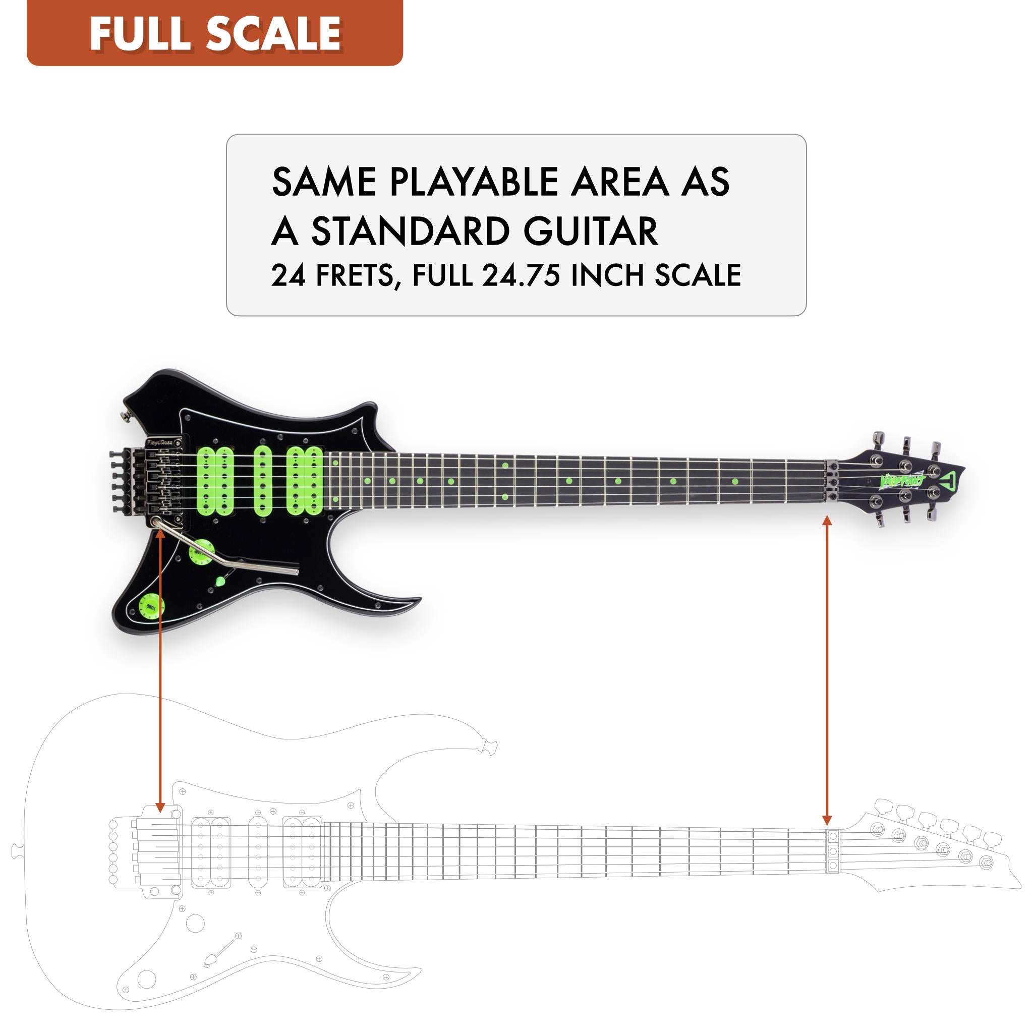 The Traveler Guitar® Vaibrant Deluxe electric guitar is full-scale, meaning it has the same playable area as a standard guitar. 24.75" scale length neck.