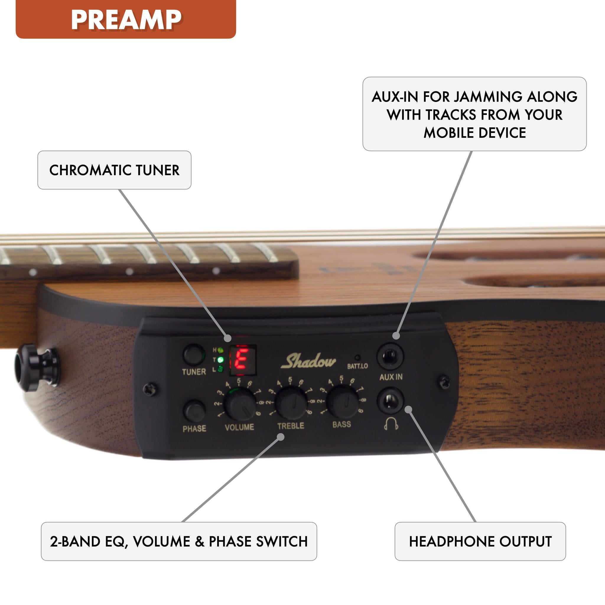 The Traveler Guitar® Escape Mark III Acoustic guitar has built-in electronics with an active preamp which features a chromatic tuner, 2-band EQ and headphone output. Also features a standard 1/4" output.