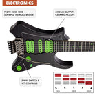 The Traveler Guitar® Vaibrant Deluxe electric gGuitar has an H-S-H setup with 5-way pickup selector. It also features a Floyd Rose 1000 locking tremolo bridge.