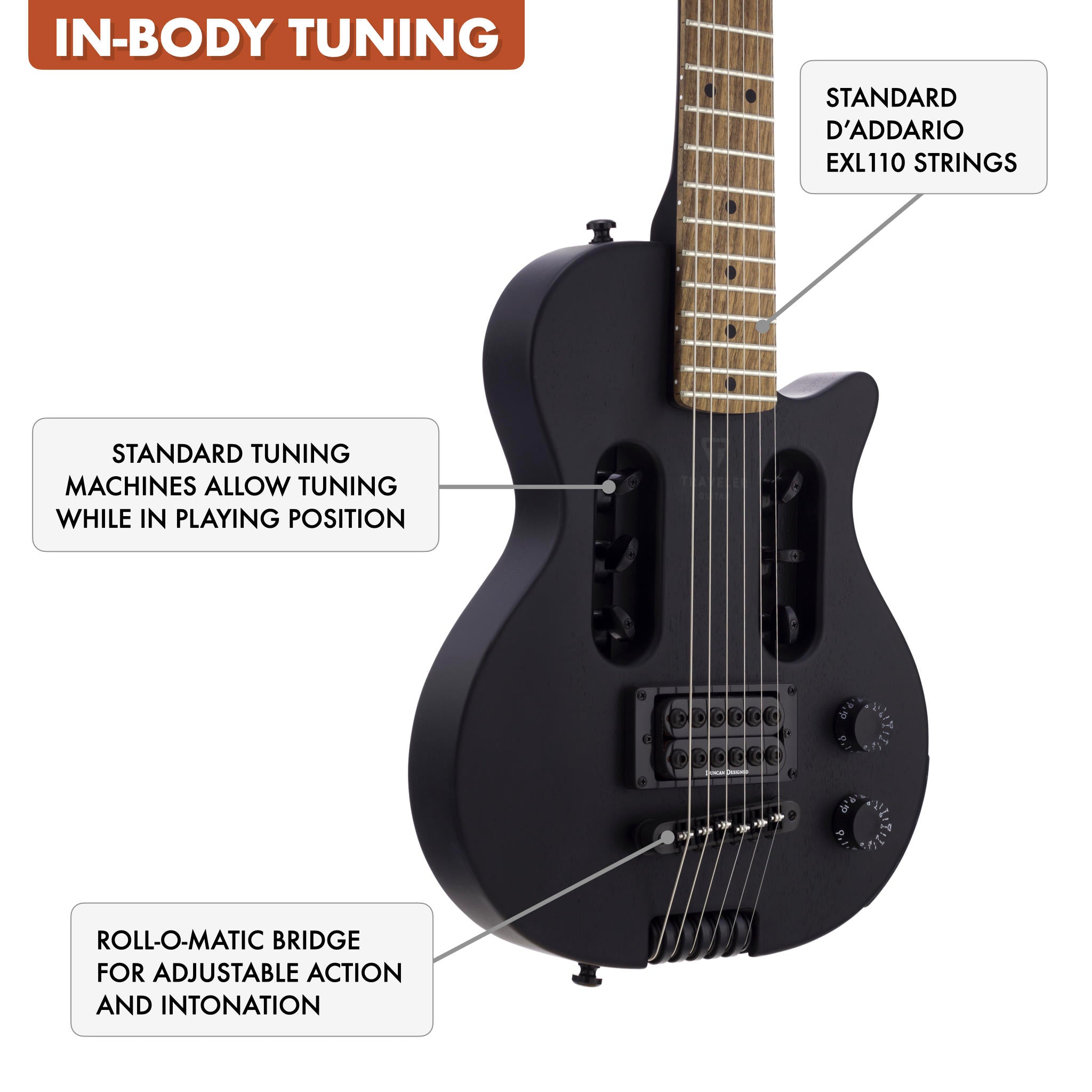 The Traveler Guitar® EG-1 Standard Electric guitar features in-body tuning which uses standard tuning machines mounted in the body. Without a headstock, the guitar is much smaller and lighter. In-Body tuning also does not require special strings. Choose your favorite string.