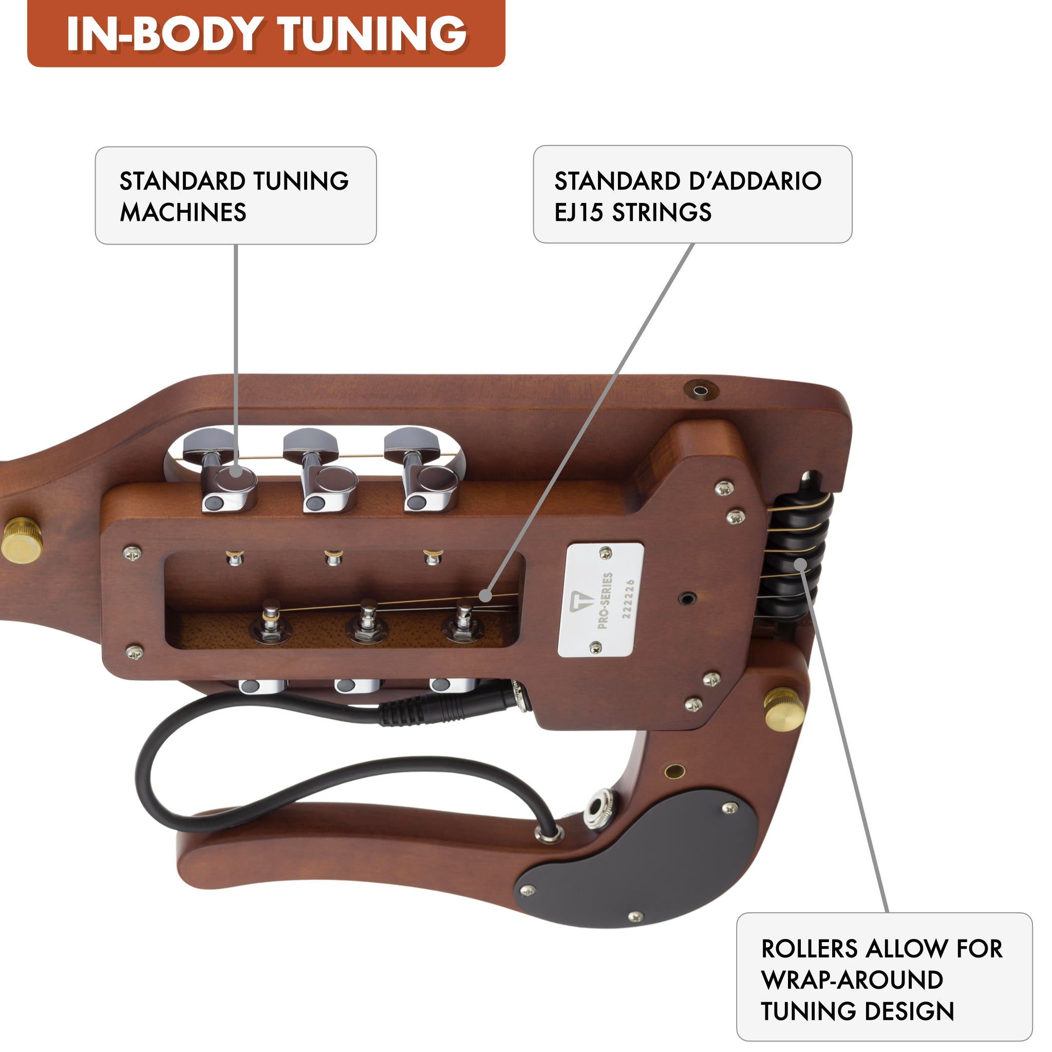 The Traveler Guitar® Pro-Series guitar features in-body tuning which uses standard tuning machines mounted in the body. Without a headstock, the guitar is much smaller and lighter. In-Body tuning also does not require special strings. Choose your favorite string.