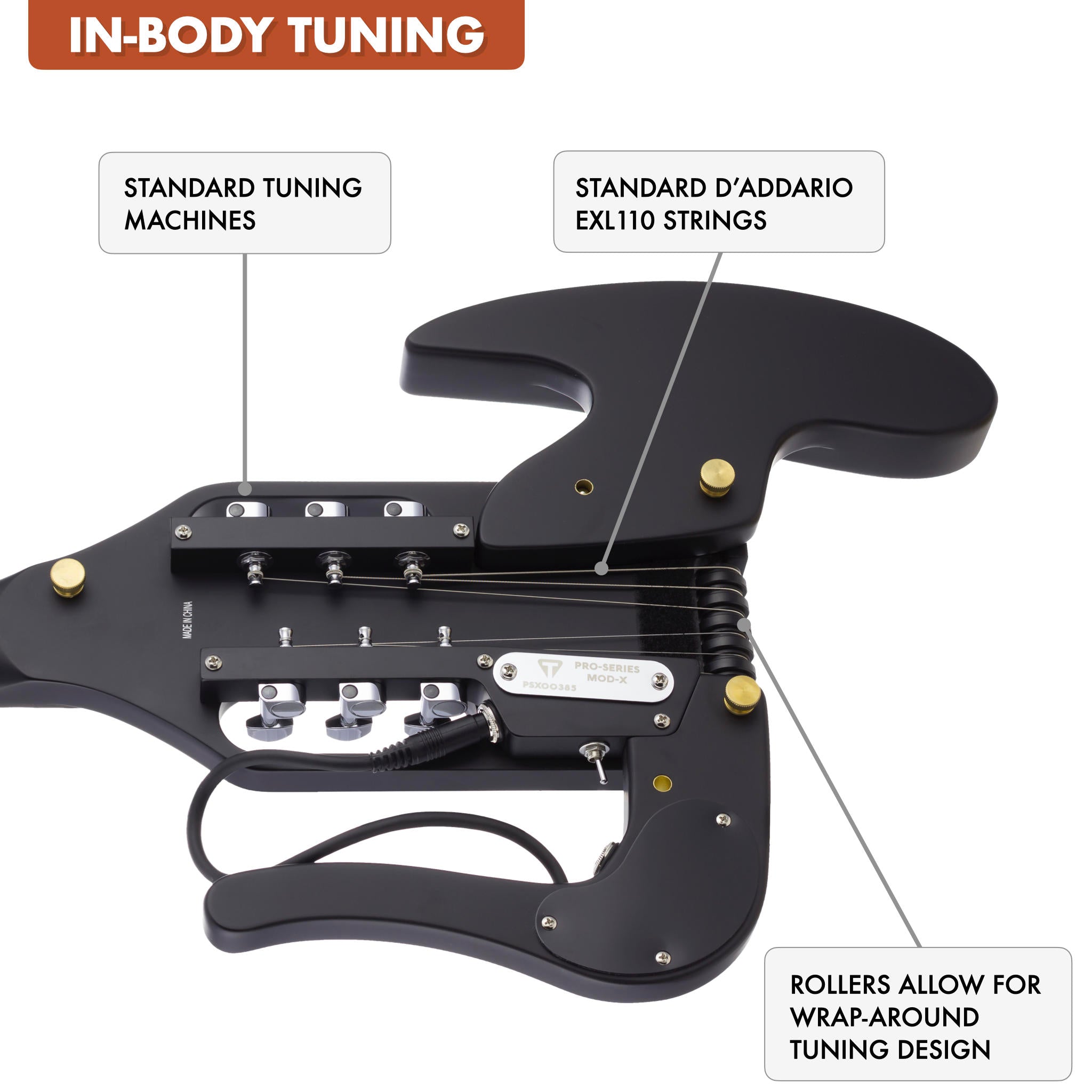 The Traveler Guitar® Pro-Series Mod-X Hybrid guitar features in-body tuning which uses standard tuning machines mounted in the body. Without a headstock, the guitar is much smaller and lighter. In-Body tuning also does not require special strings. Choose your favorite string.