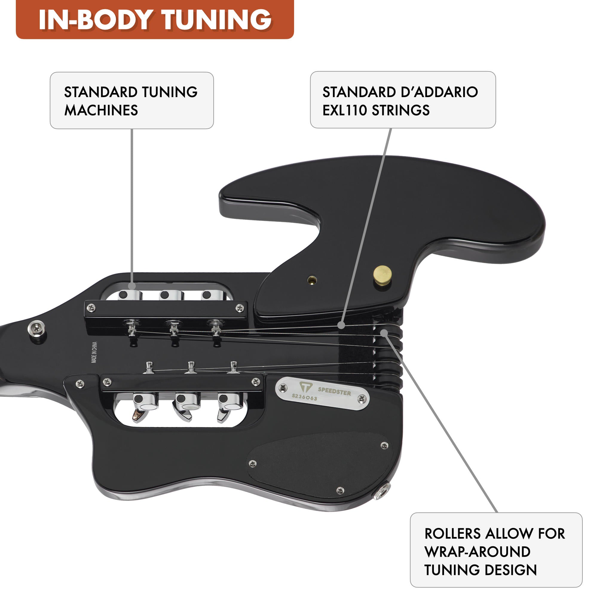 The Traveler Guitar® Speedster Electric guitar features in-body tuning which uses standard tuning machines mounted in the body. Without a headstock, the guitar is much smaller and lighter. In-Body tuning also does not require special strings. Choose your favorite string.