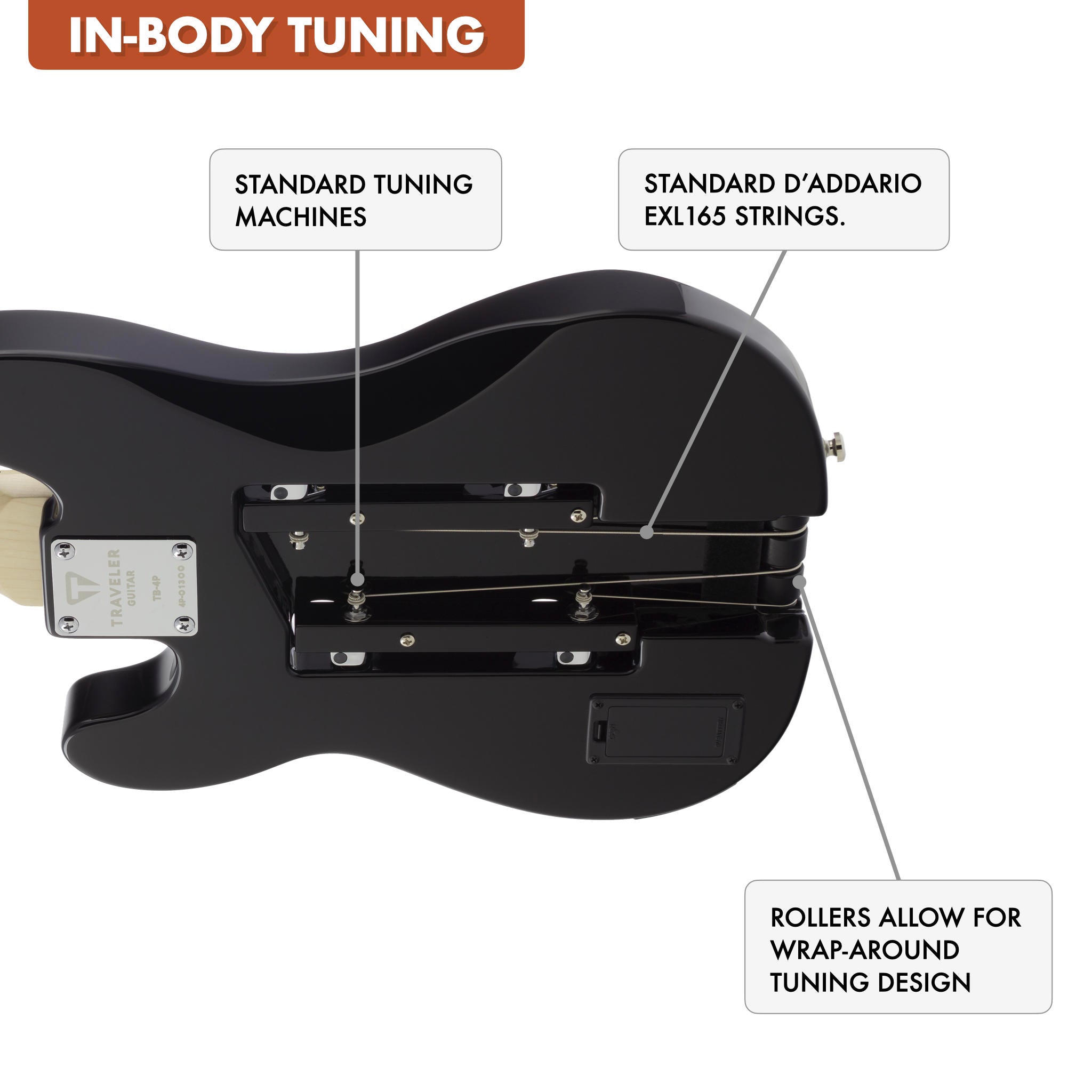 The Traveler Guitar® TB-4P bass guitar features in-body tuning which uses standard tuning machines mounted in the body. Without a headstock, the guitar is much smaller and lighter. In-Body tuning also does not require special strings. Choose your favorite string.