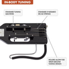 The Traveler Guitar® Ultra-Light Bass guitar features in-body tuning which uses standard tuning machines mounted in the body. Without a headstock, the guitar is much smaller and lighter. In-Body tuning also does not require special strings. Choose your favorite string.