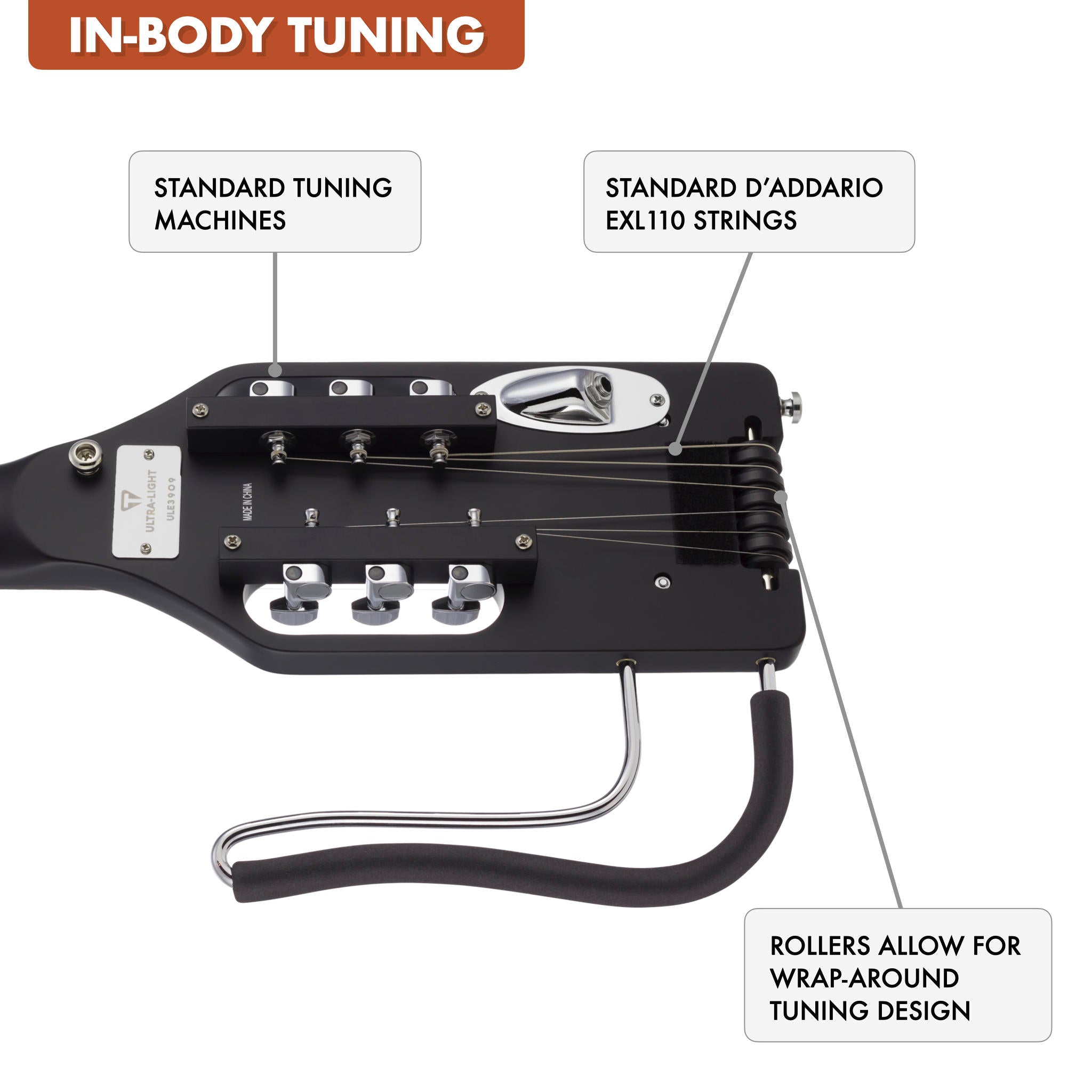 The Traveler Guitar® Ultra-Light Electric guitar features in-body tuning which uses standard tuning machines mounted in the body. Without a headstock, the guitar is much smaller and lighter. In-Body tuning also does not require special strings. Choose your favorite string.