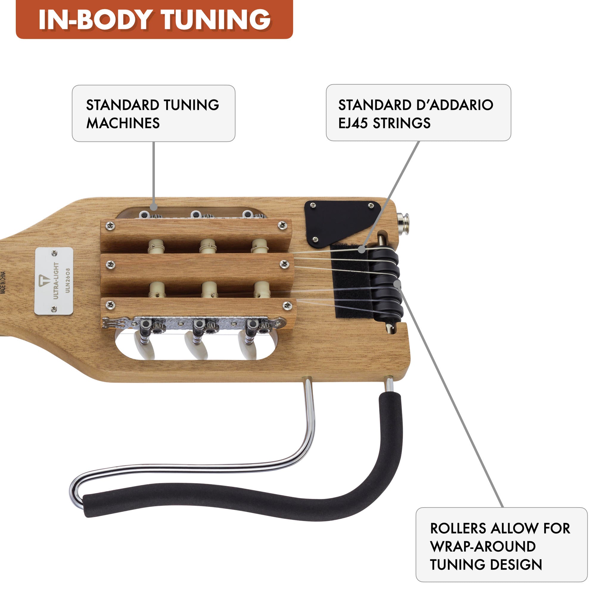 The Traveler Guitar® Ultra-Light Nylon guitar features in-body tuning which uses standard tuning machines mounted in the body. Without a headstock, the guitar is much smaller and lighter. In-Body tuning also does not require special strings. Choose your favorite string.
