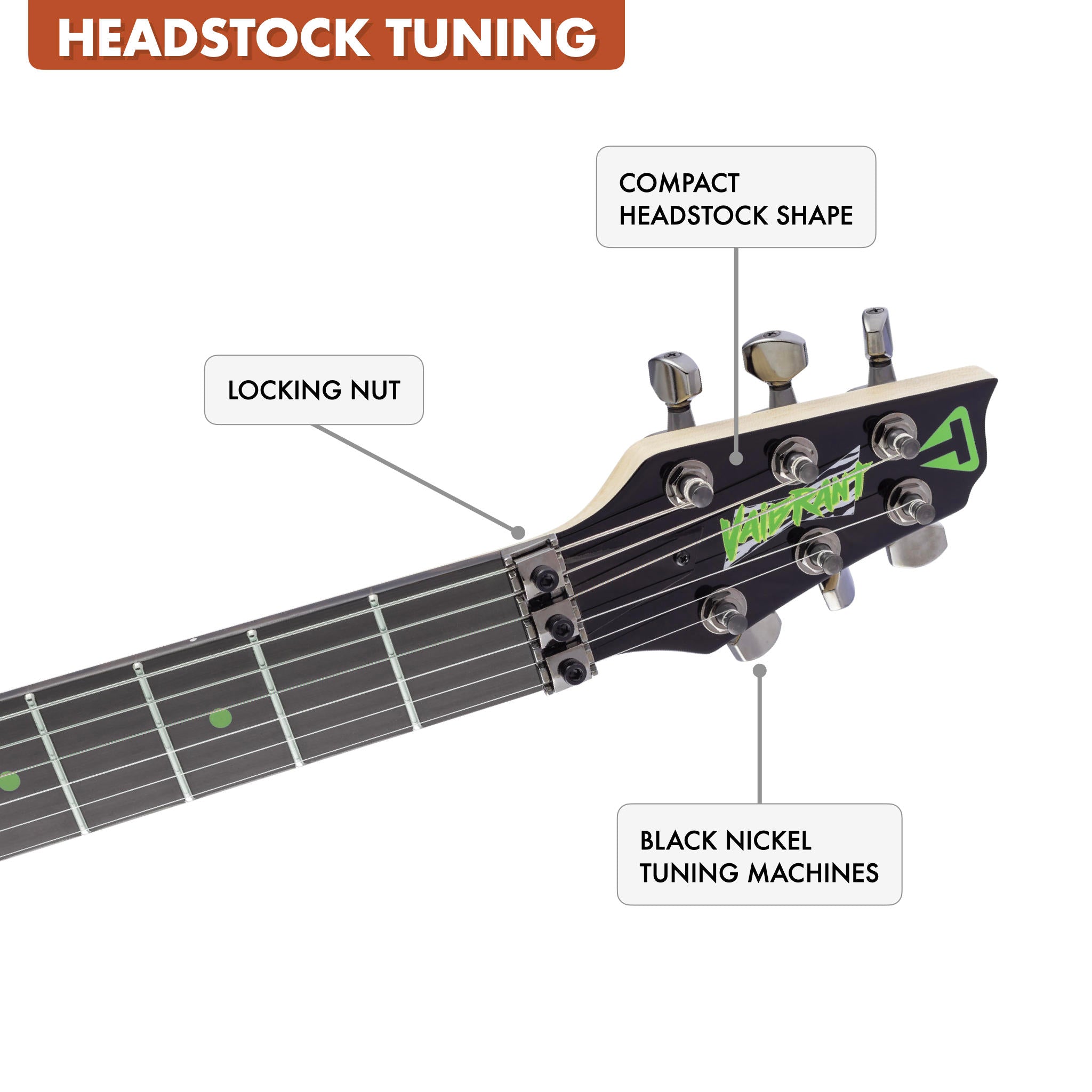 The Traveler Guitar® Vaibrant® Deluxe electric guitar fealures traditional 3-a-side tuning on a compact headstock.
