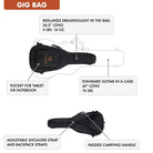 The Traveler Guitar® Redlands Dreadnought Acoustic guitar includes a fitted gig bag for transport. It is only 34.5" long and weighs under 6 pounds when packed up.