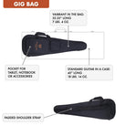 The Traveler Guitar® Vaibrant Deluxe guitar includes a fitted gig bag for transport. It is only 35.25" long and weighs just over 7 pounds when packed up.