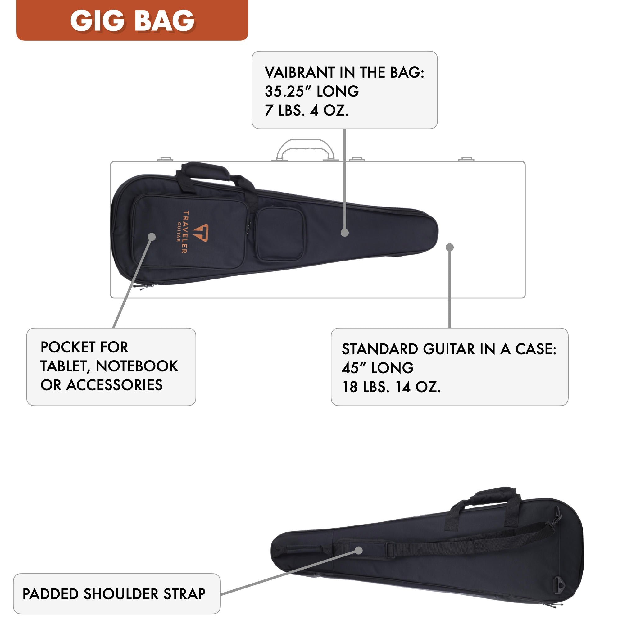 The Traveler Guitar® Vaibrant Deluxe guitar includes a fitted gig bag for transport. It is only 35.25" long and weighs just over 7 pounds when packed up.