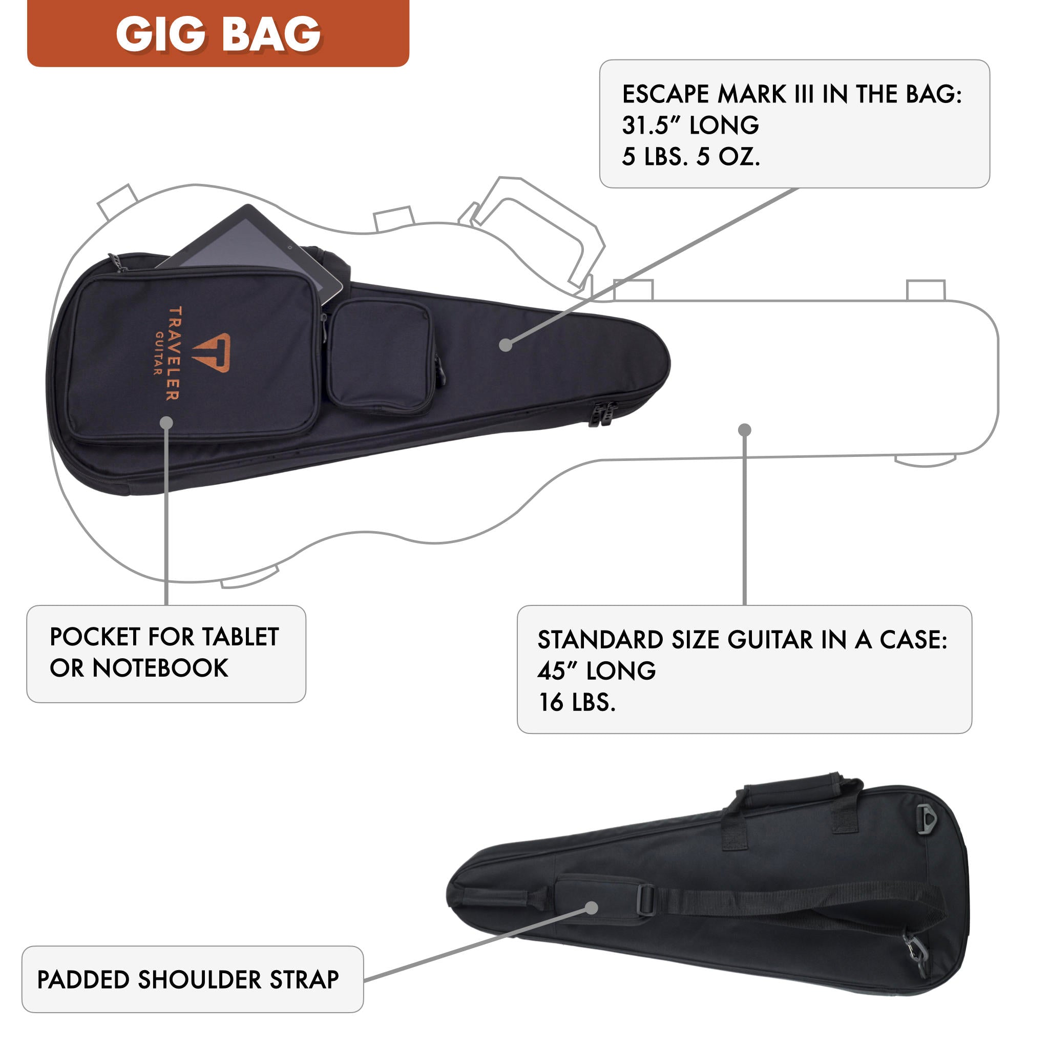 The Traveler Guitar® Escape Mark III Acoustic guitar includes a fitted gig bag for transport. It is only 31.5" long and weighs about 5.5 pounds when packed up.