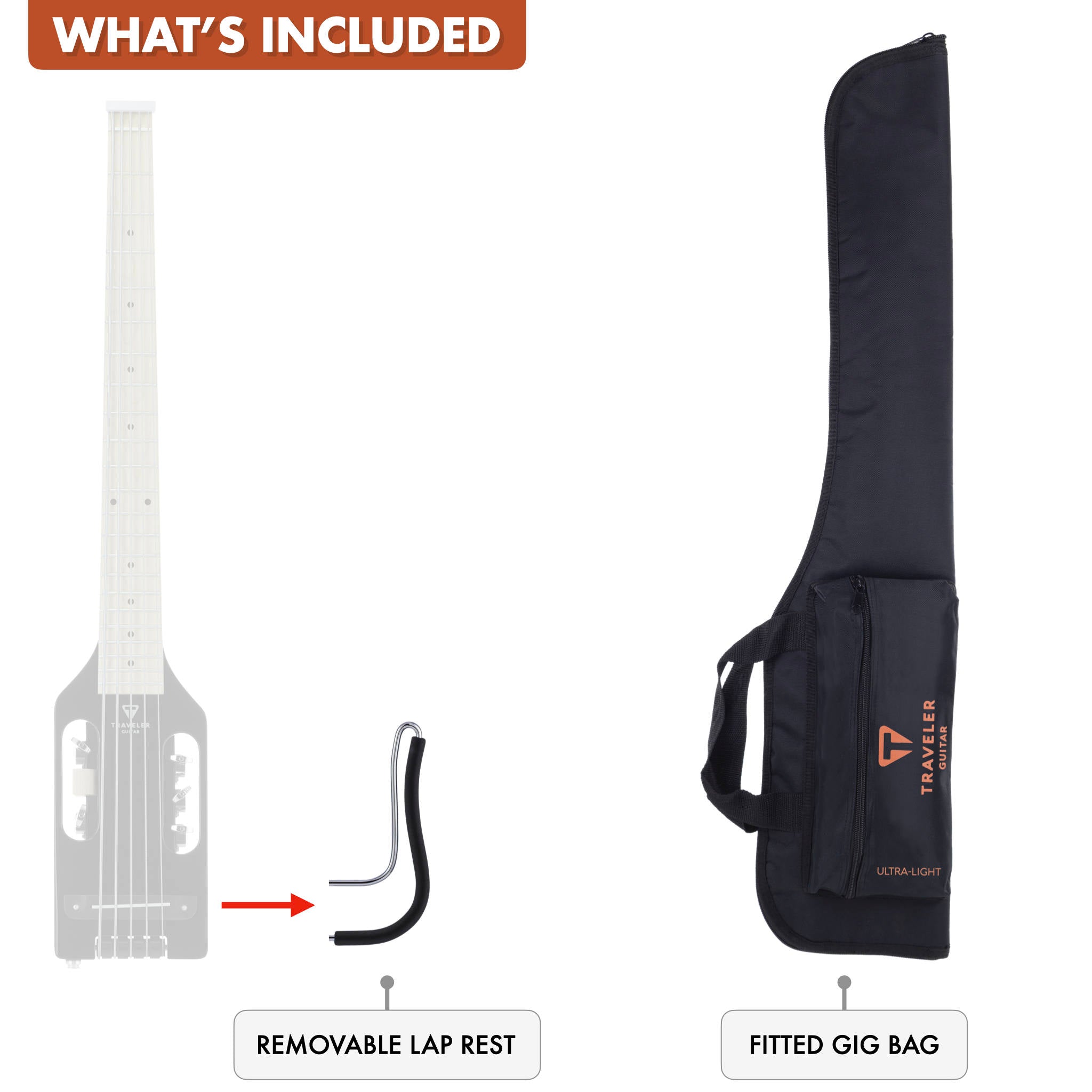 The Traveler Guitar® Ultra-Light 5-String Bass guitar includes a removable lap rest and a fitted gig bag.
