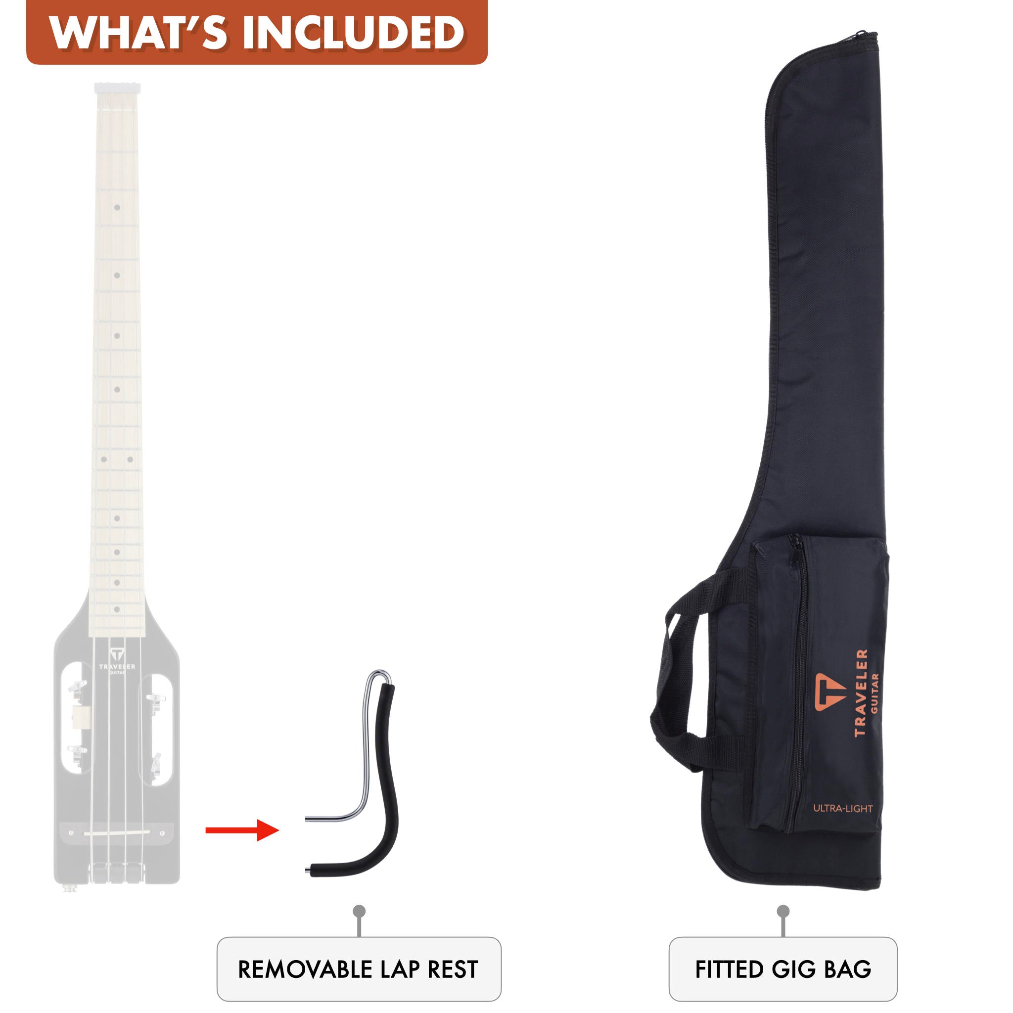 The Traveler Guitar® Ultra-Light Bass guitar includes a removable lap rest and a fitted gig bag.