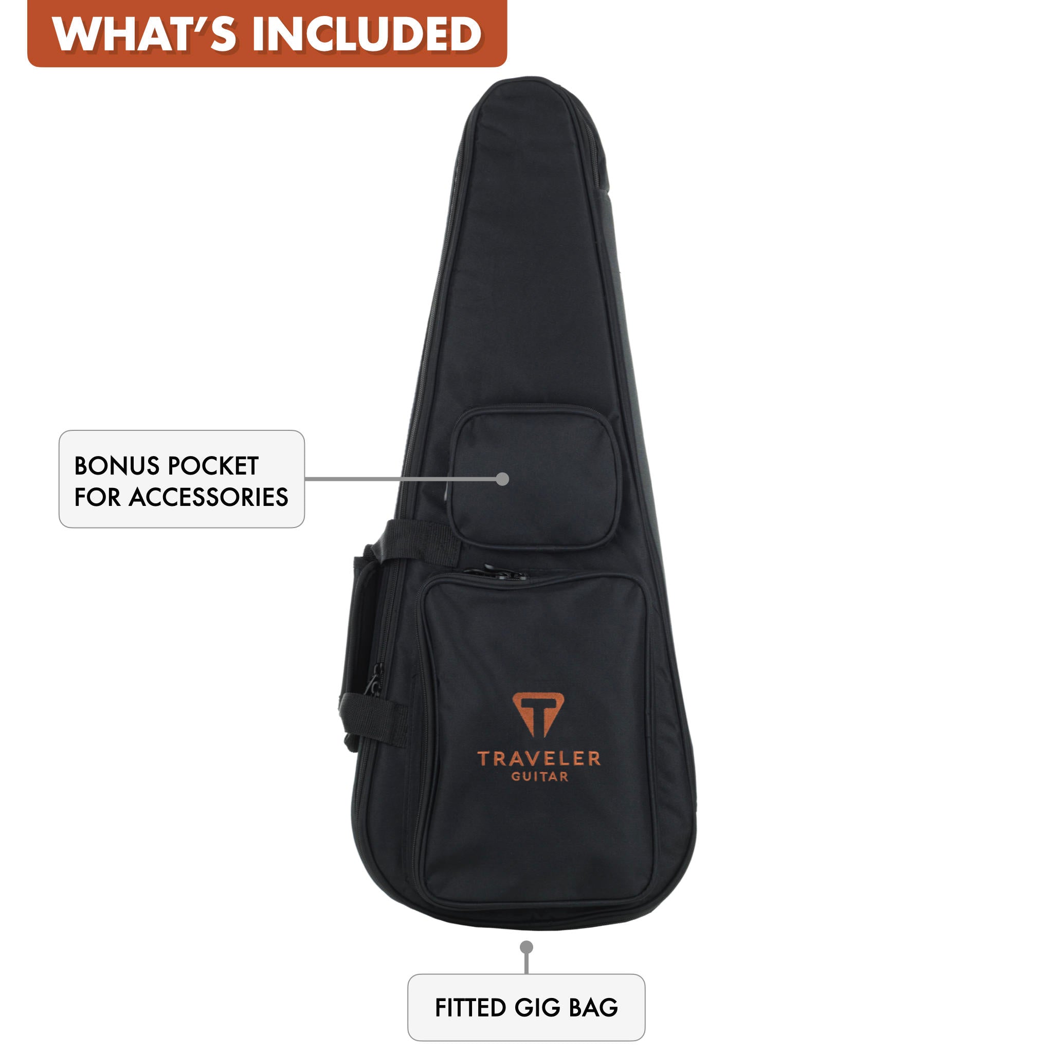 The Traveler Guitar® Escape Mark III Nylon guitar includes a custom fitted gig bag.