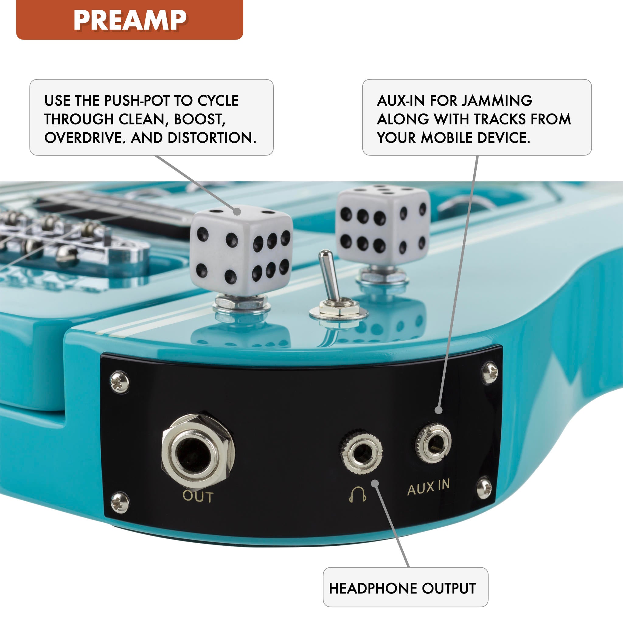 The Traveler Guitar® Speedster Hot Rod Electric guitar has a built-in preamp with 4-channels (clean, boost, overdrive and distortion), a headphone output, an aux-input and a standard 1/4" output.