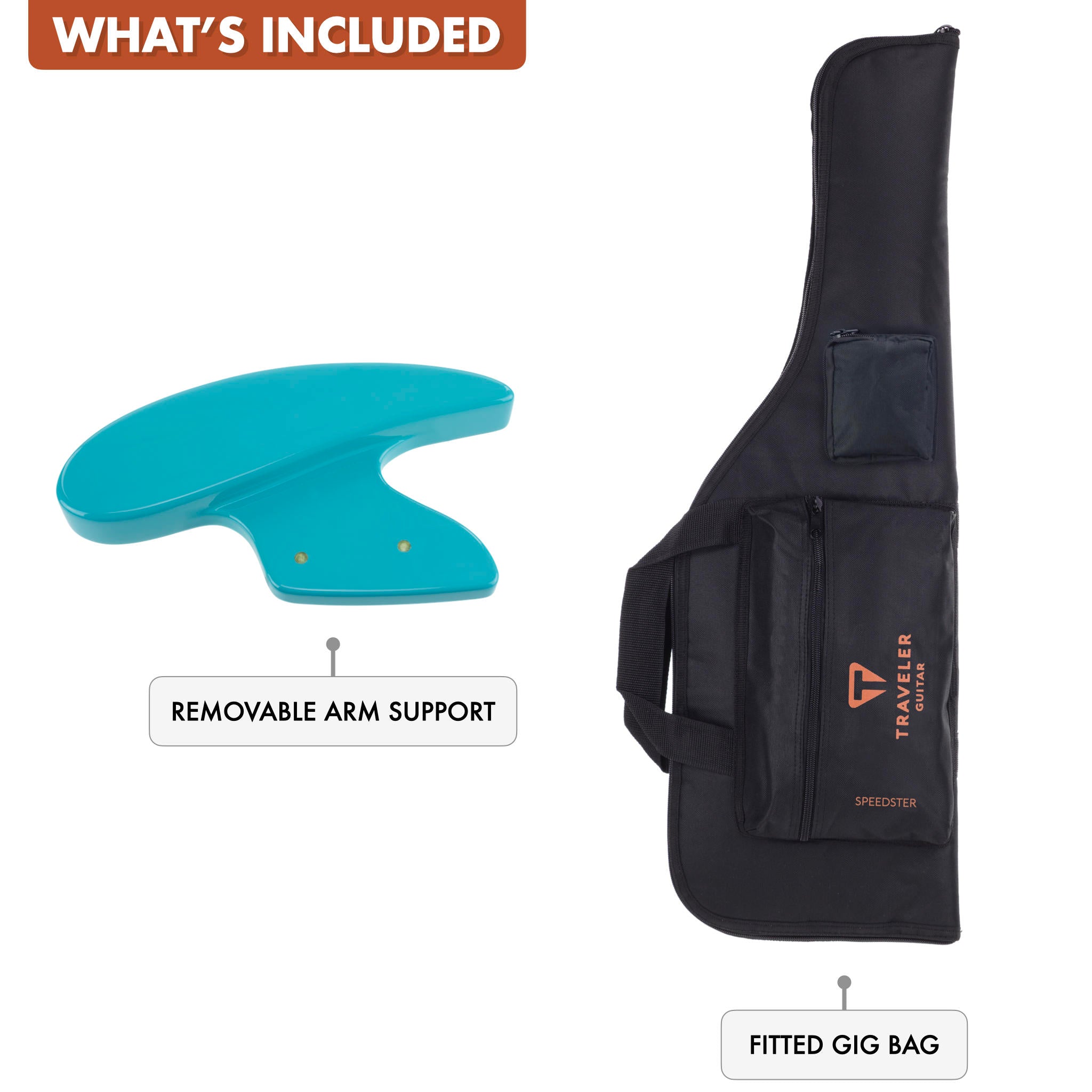 The Traveler Guitar® Speedster Hot Rod guitar includes a removable arm support and a fitted gig bag.