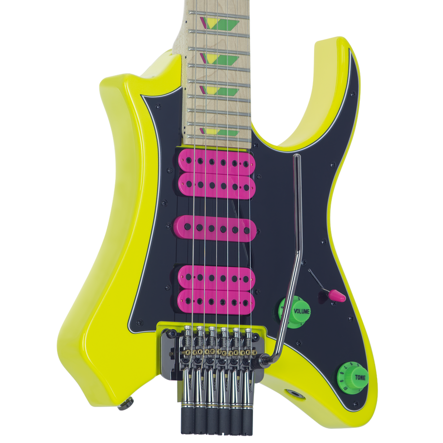 Traveler Guitar Headless Vaibrant V88XHL detail — pickups and tremolo