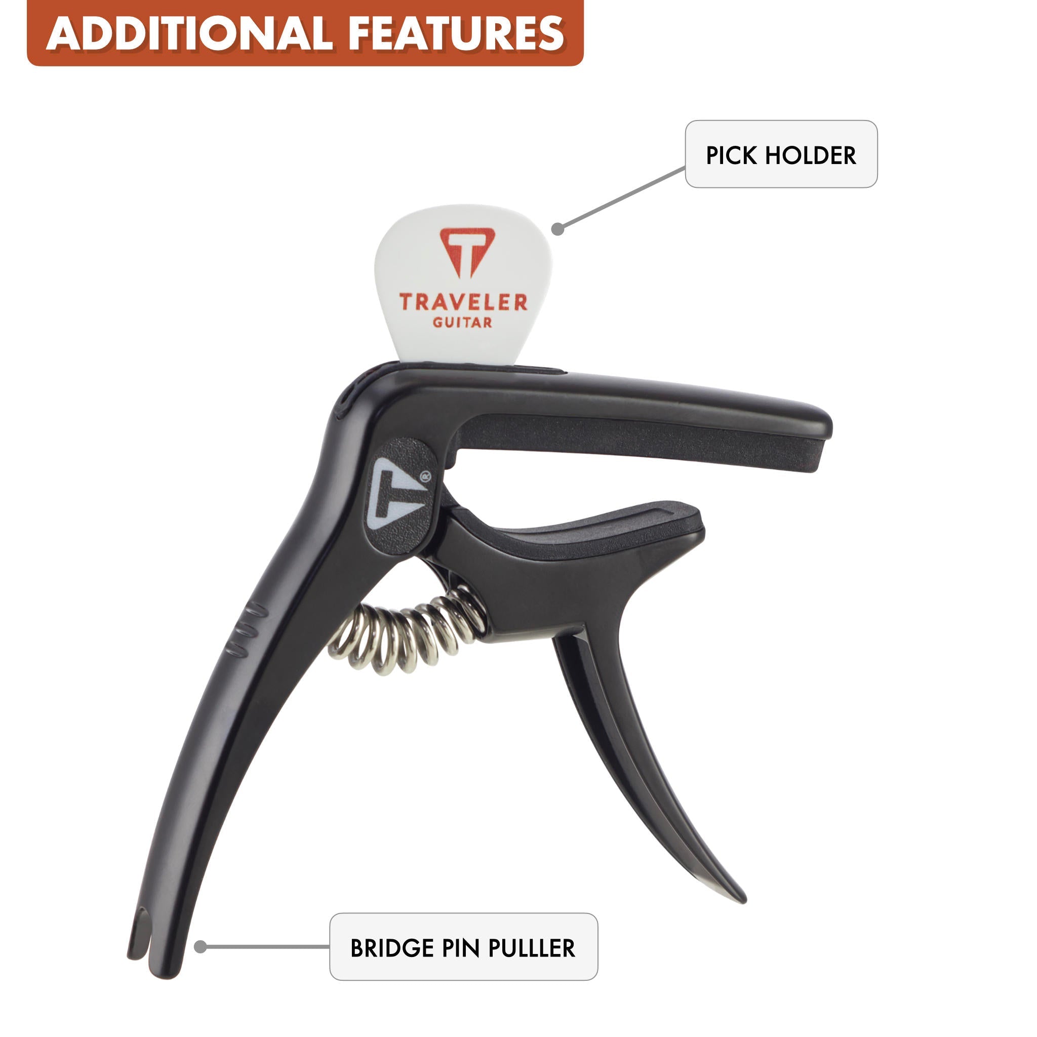 Universal Capo with Pick Holder, Bridge Pin Puller, & Gig Bag Accessory